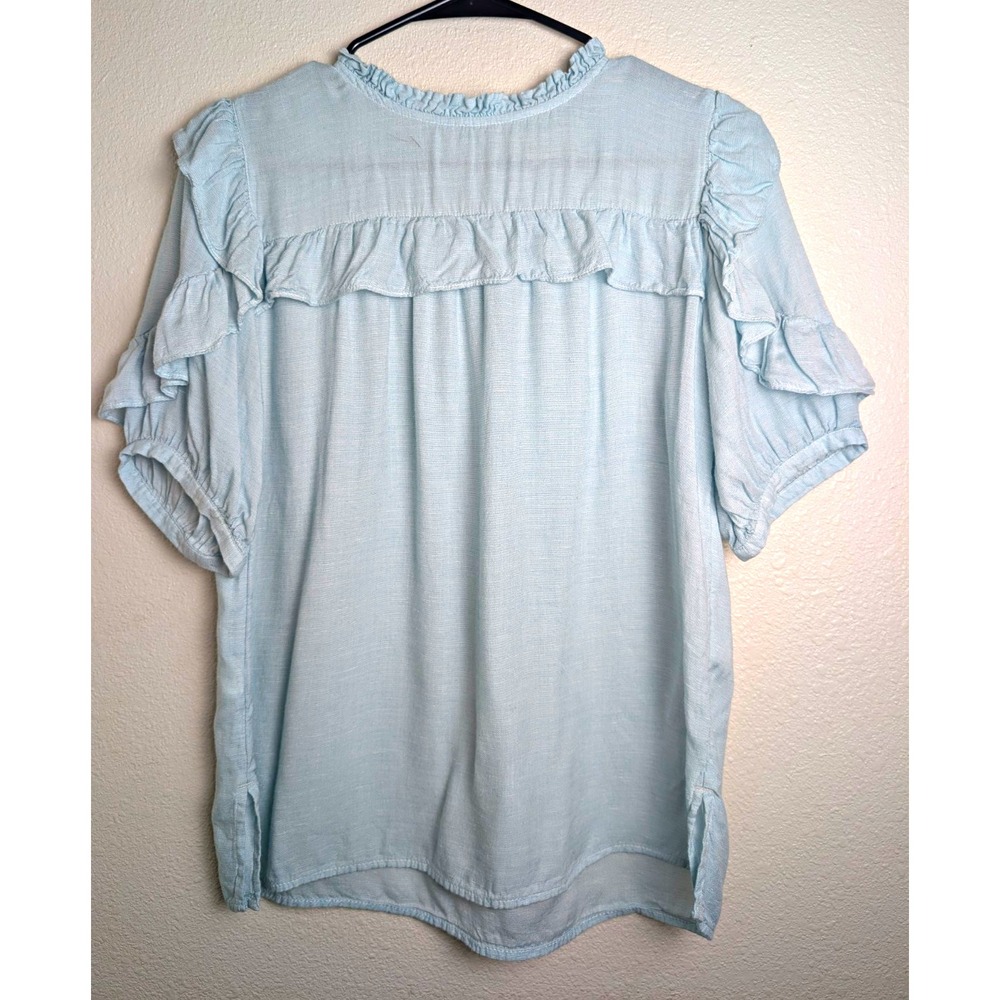 LOFT Womens Small Light Blue Ruffle Puff Sleeve Linen Blend Cottagecore Blouse